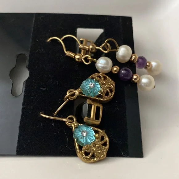 3 Pairs Semi-Precious/10K Gold Plated Earrings From India - Picture 4 of 4